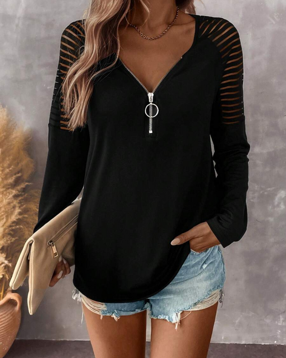 Zipper Long-Sleeve Solid Color Top