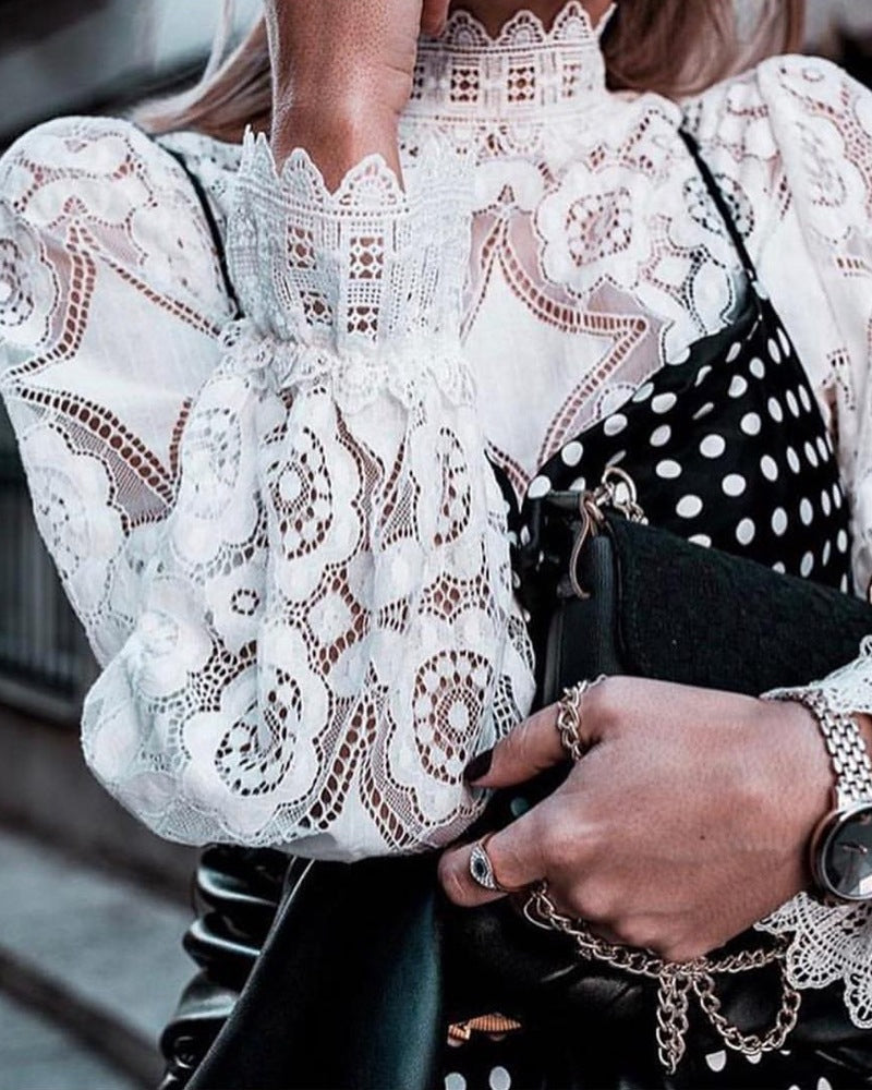 Sexy See-Through Long-Sleeved Stand-Collar Lace Blouse