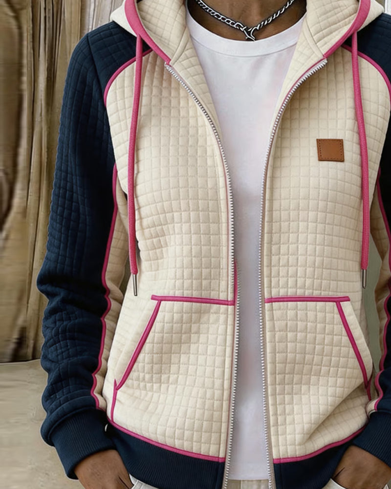 Color Block Waffle Hooded Zip Coat
