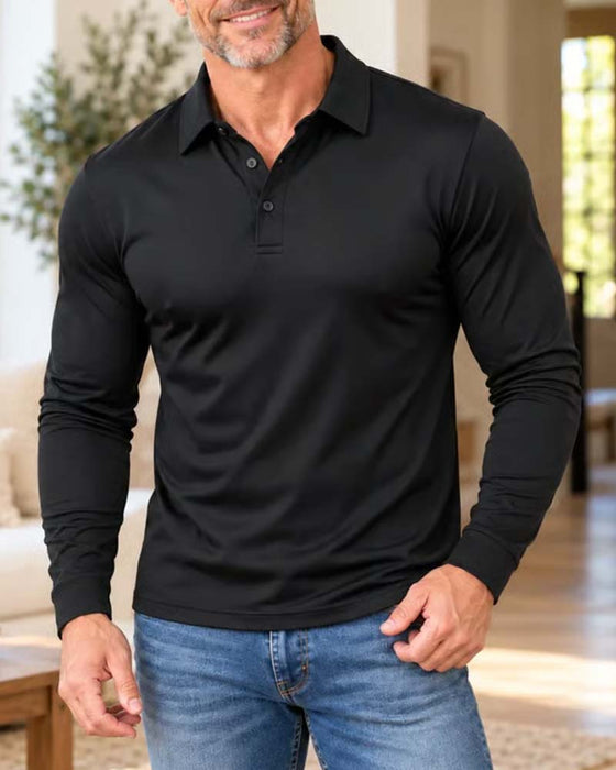 Men's Long-Sleeve Collared Button-Placket Polo Shirt