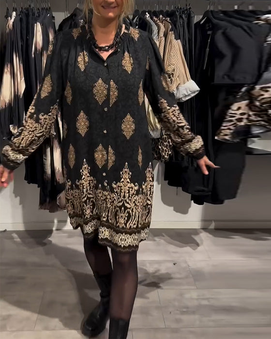 Lapel button-down vintage print dress