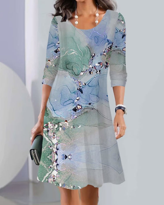 Printed long sleeve crew neck dress
