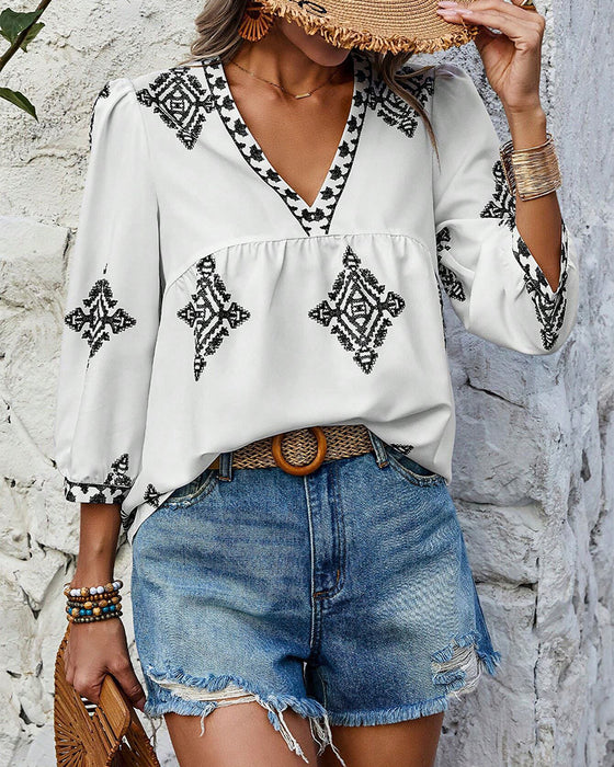 V-Neck Diamond Print Three-Quarter Sleeve Blouse
