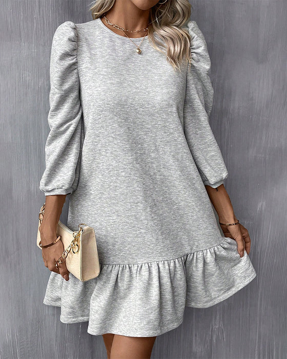 Solid Color Puff Sleeve Dress