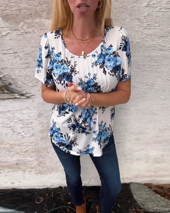 Crew Neck Floral Print Pleated T-Shirt