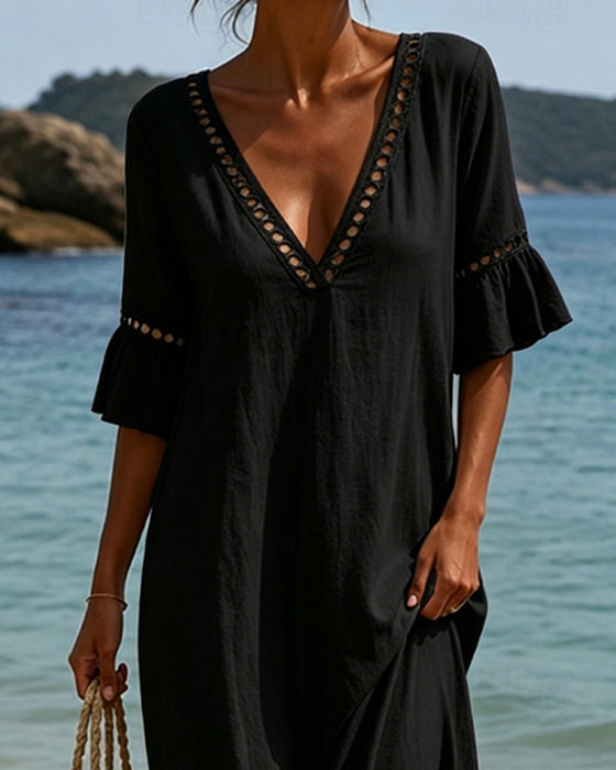 Deep V Ruffle Sleeve Hollow Lace Dress