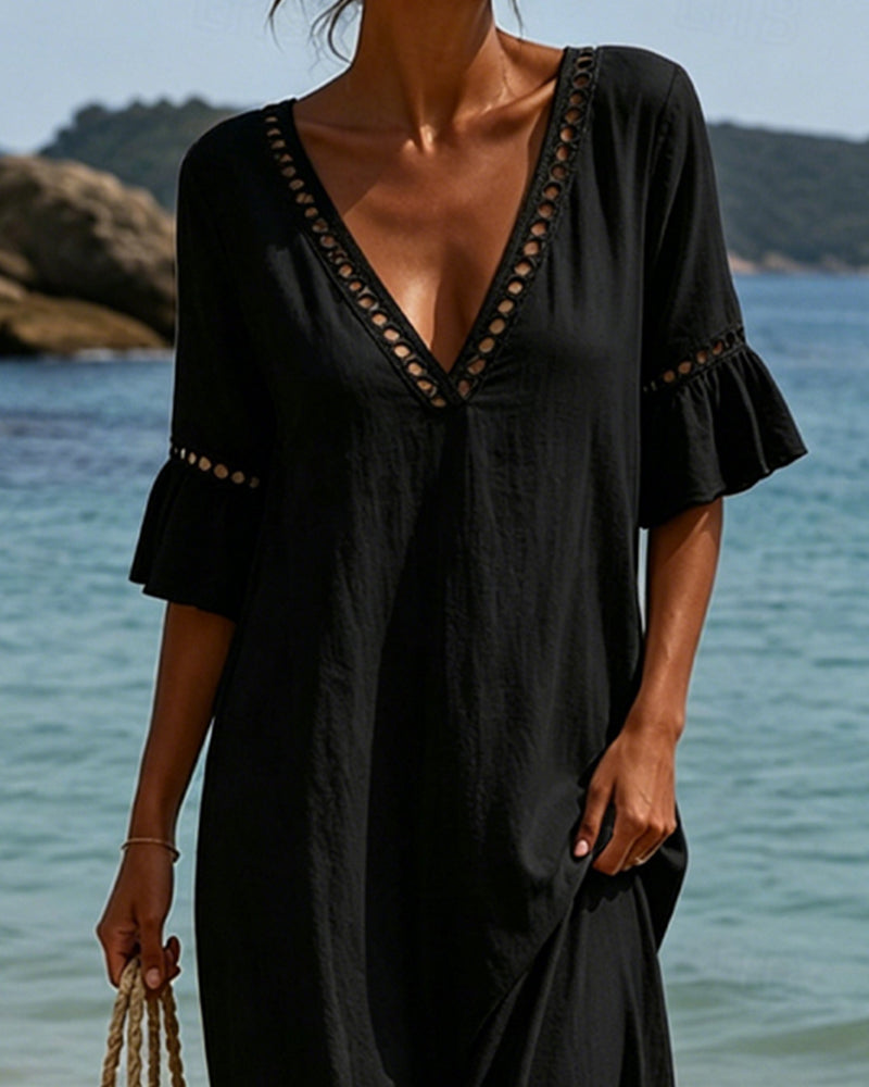 Deep V Ruffle Sleeve Hollow Lace Dress