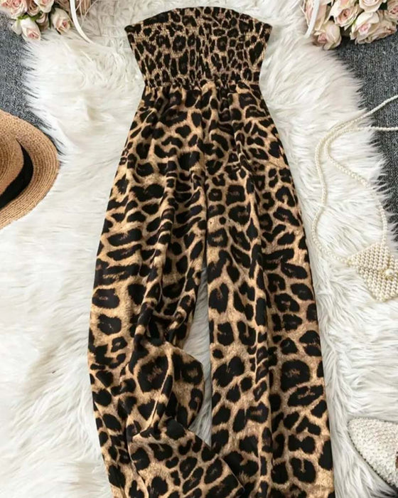 Strapless Leopard Print Wide Leg Waist-Cinching Jumpsuit