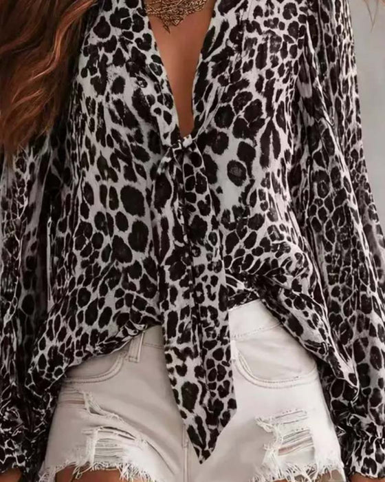 Sheer Leopard V‑Neck Long‑Sleeve Shirt