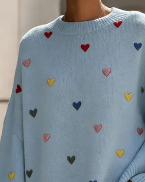 Colorful Heart Round Neck Bat Sleeve Pullover