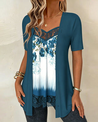 Print Mock Two-Piece Casual Short Sleeve T-Shirt