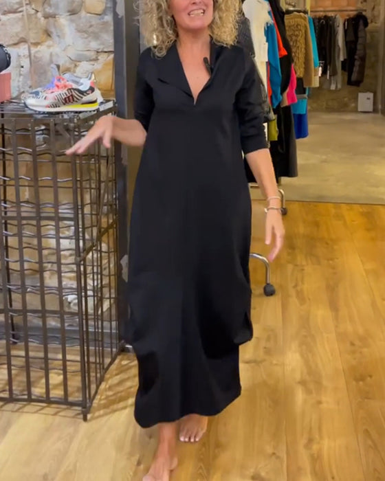 olid color dress with V-neck and A-line