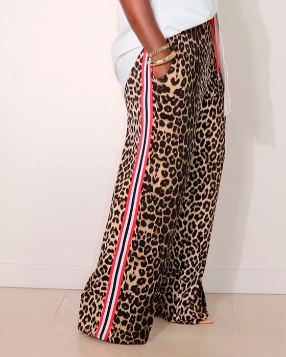 Color-Block Leopard Print Drawstring Straight-Leg Pants