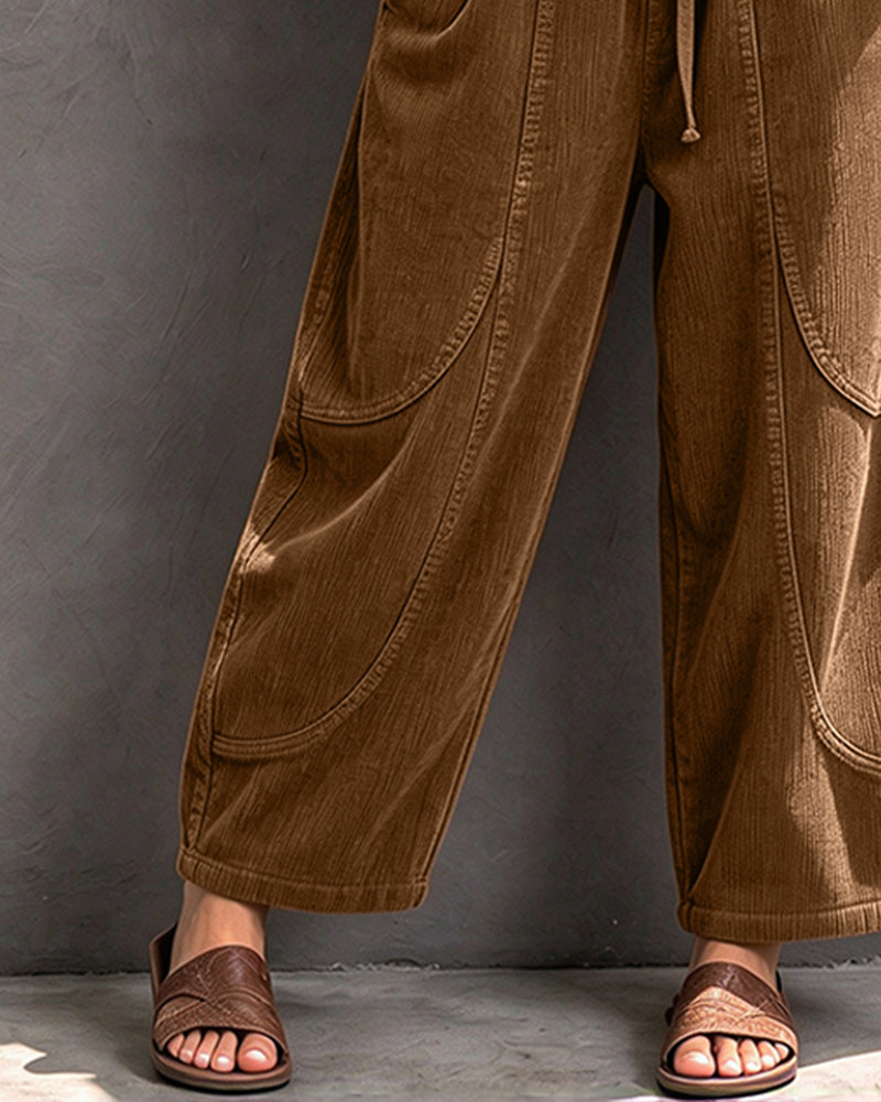 Elastic Waist Color-Block Cropped Wide-Leg Pants