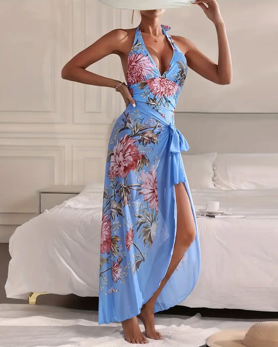 Halter Neck Printed Beach Dress One-Piece Swimsuit