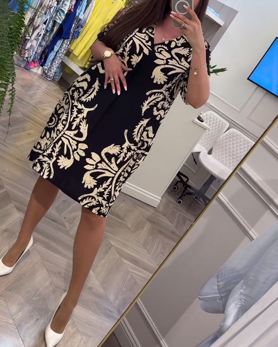 Retro printed V-neck short-sleeved loose dress