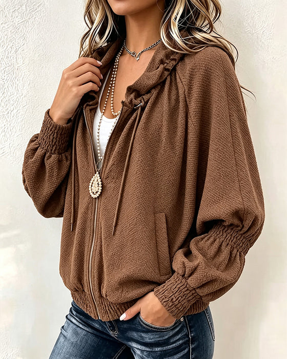 Textured Loose Zippered Pleated Coat