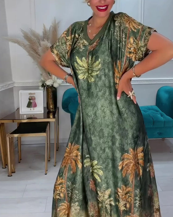 V-Neck Palm Tree Print Short Sleeve Long Dress