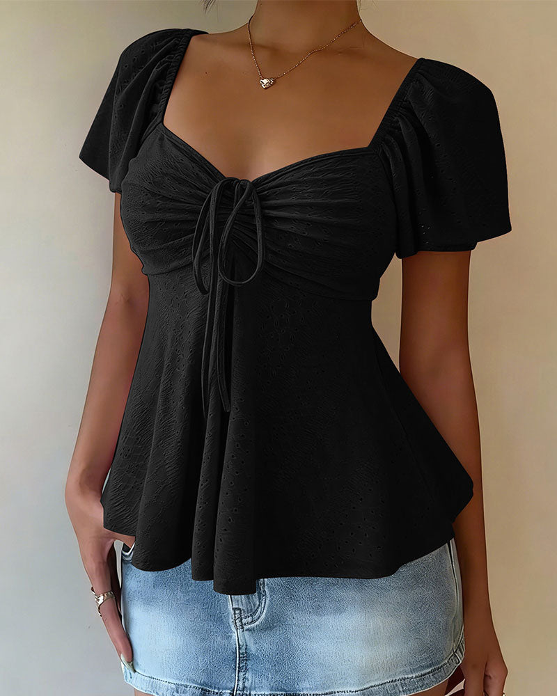 Hollow-Out Drawstring Short Sleeve Solid Color Blouse