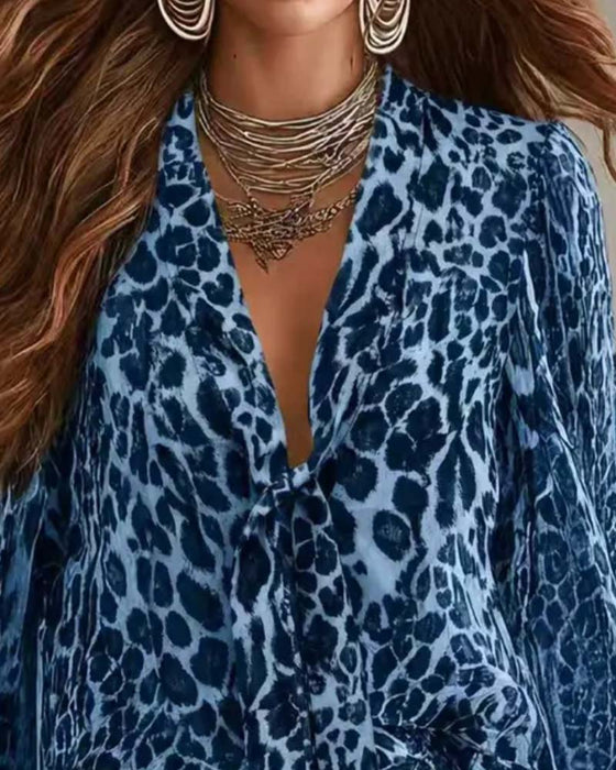 Sheer Leopard V‑Neck Long‑Sleeve Shirt
