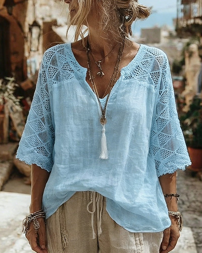 Solid-Color Paneled V-Neck Blouse