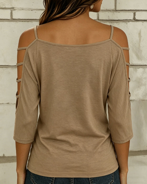 Solid Color Elbow-Length Sleeve Off-Shoulder T-Shirt