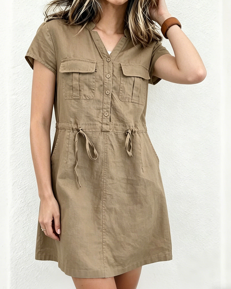 Utility Style V-Neck Drawstring Dress