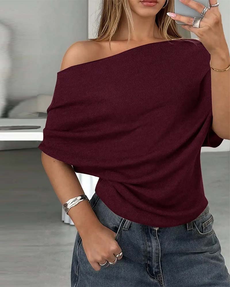 Batwing Sleeve Off-Shoulder Solid Blouse