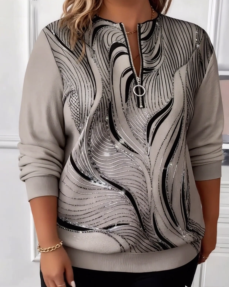 Plus Size Half-Zip Casual Printed Sweatshirt