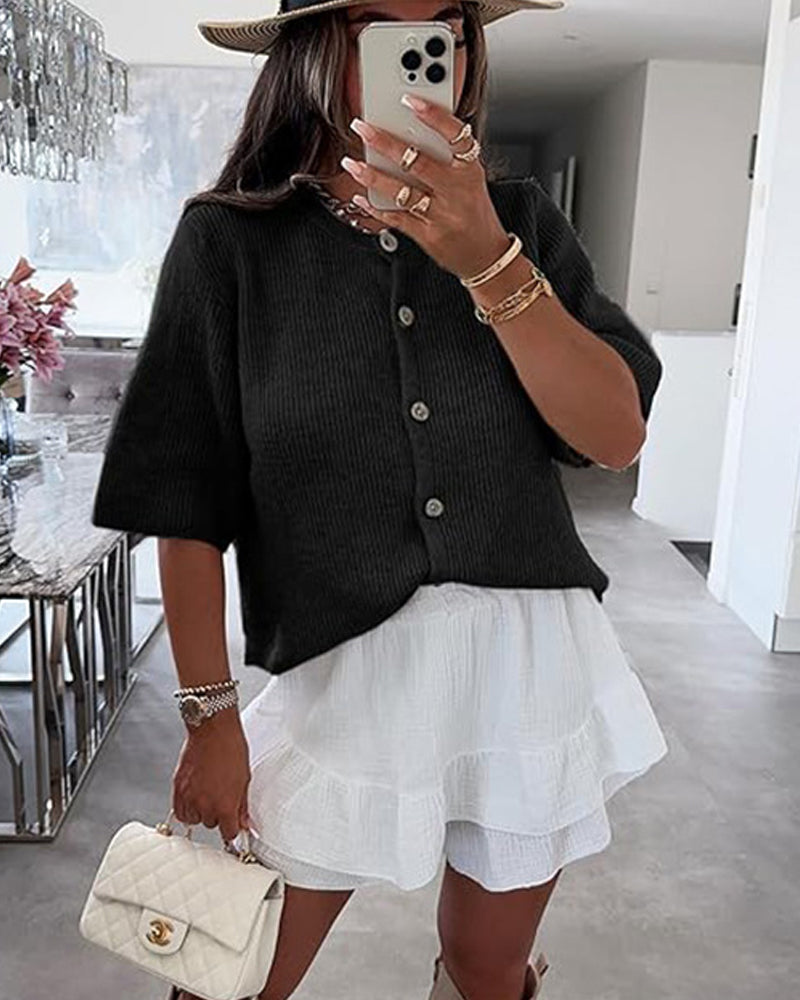Solid Color Button-Front Short Sleeve Sweater Cardigan