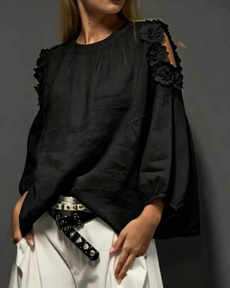 Crewneck Cut-Out Off-Shoulder 3D Floral Blouses