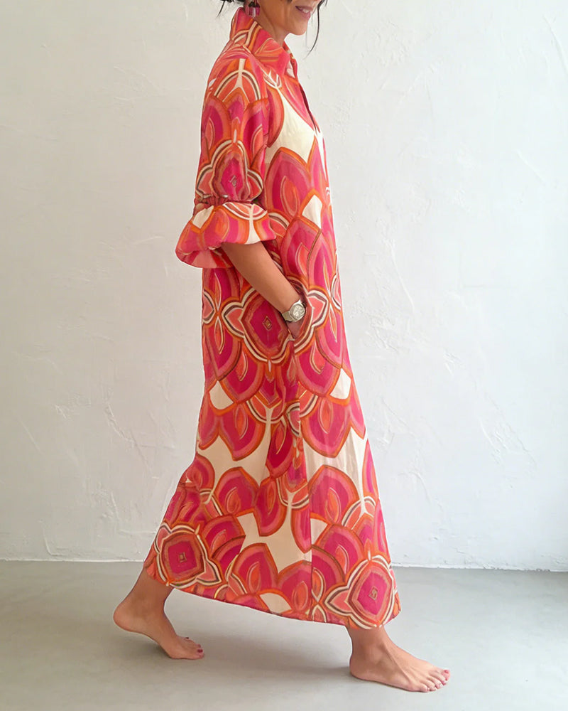 Elegant V-Neck Long-Sleeved Floral Dress