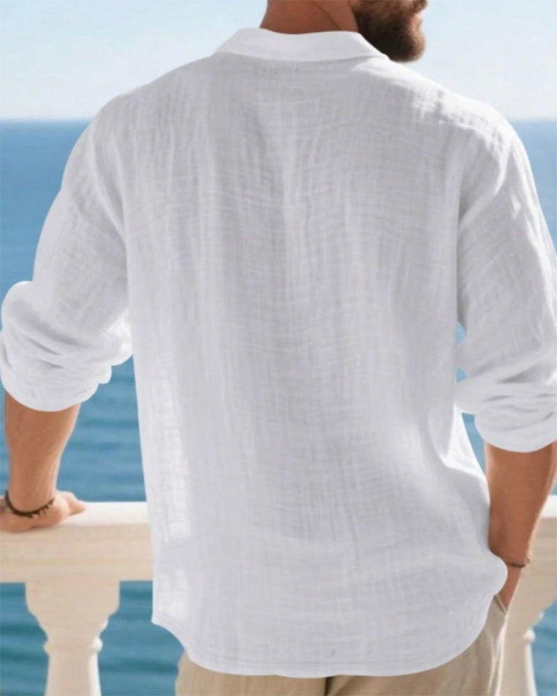 Men's Lightweight Loose Linen Long Sleeve Polo Shirt