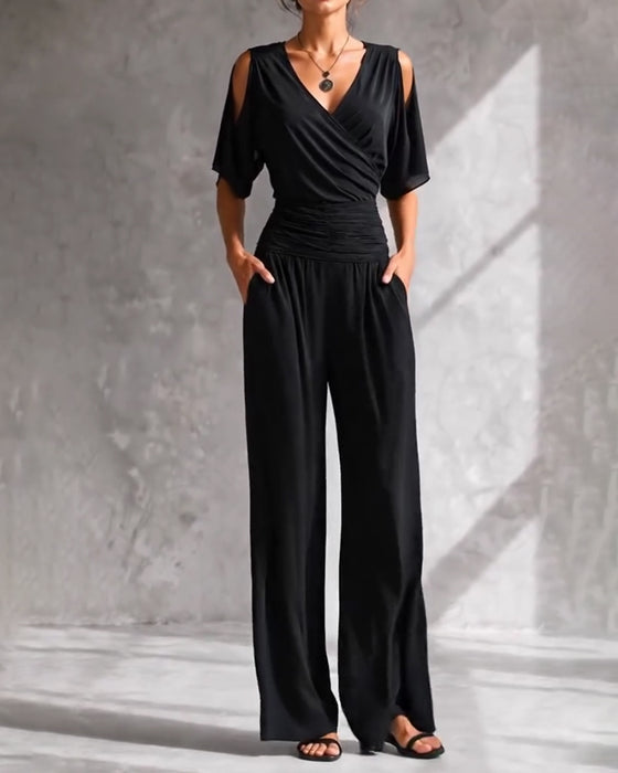 V-Neck Crossover Cold Shoulder Waist Pocket Jumpsuit
