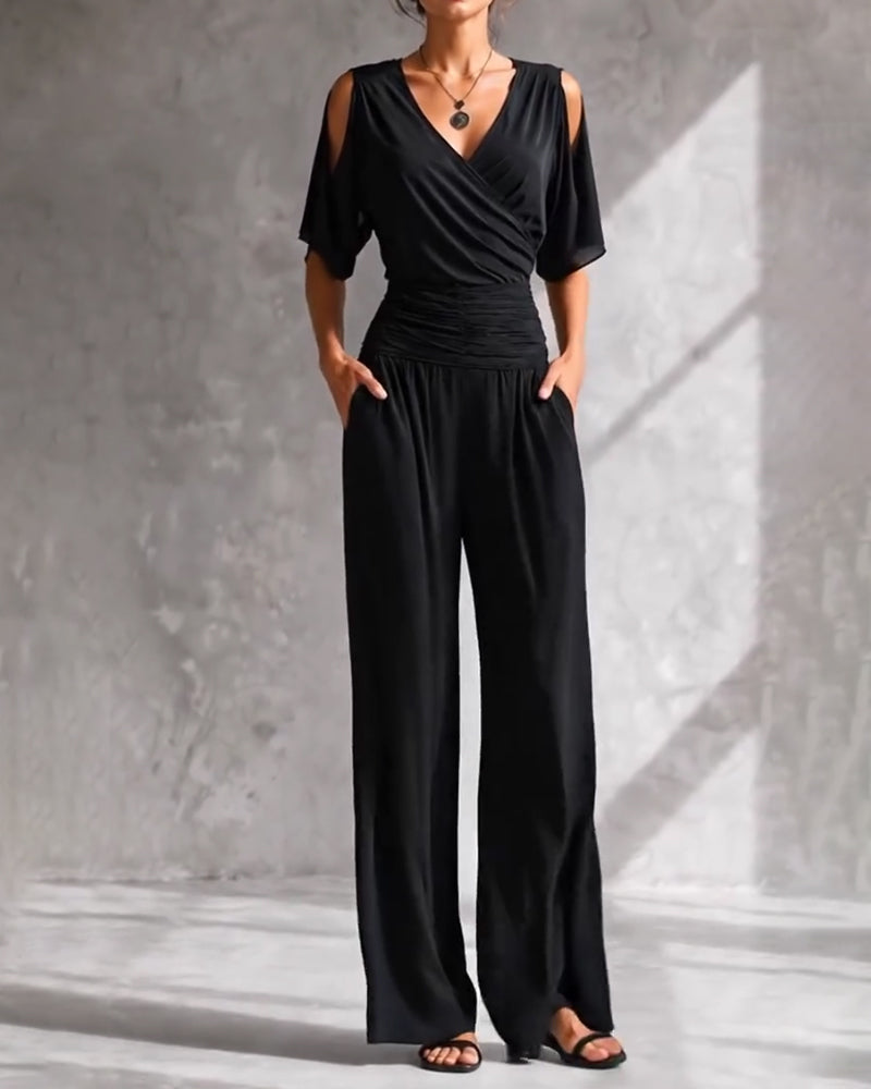 V-Neck Crossover Cold Shoulder Waist Pocket Jumpsuit