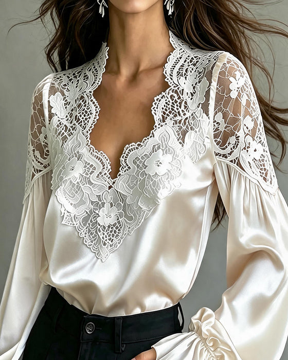 V-Neck Ruffle Lace Cutout Blouse