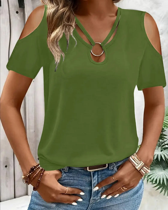 Off-Shoulder Ring Buckle Short Sleeve T-Shirt
