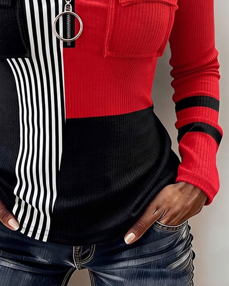 Color Block Vertical Striped Half Zip Hooded Top