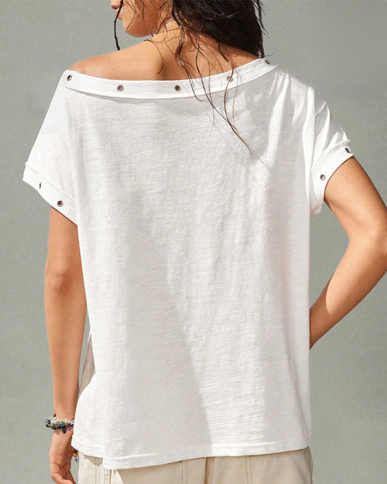 One-Shoulder Rivet Solid T-Shirt