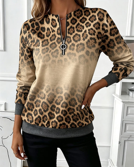 Leopard Ombre Zip Long Sleeve Sweatshirts