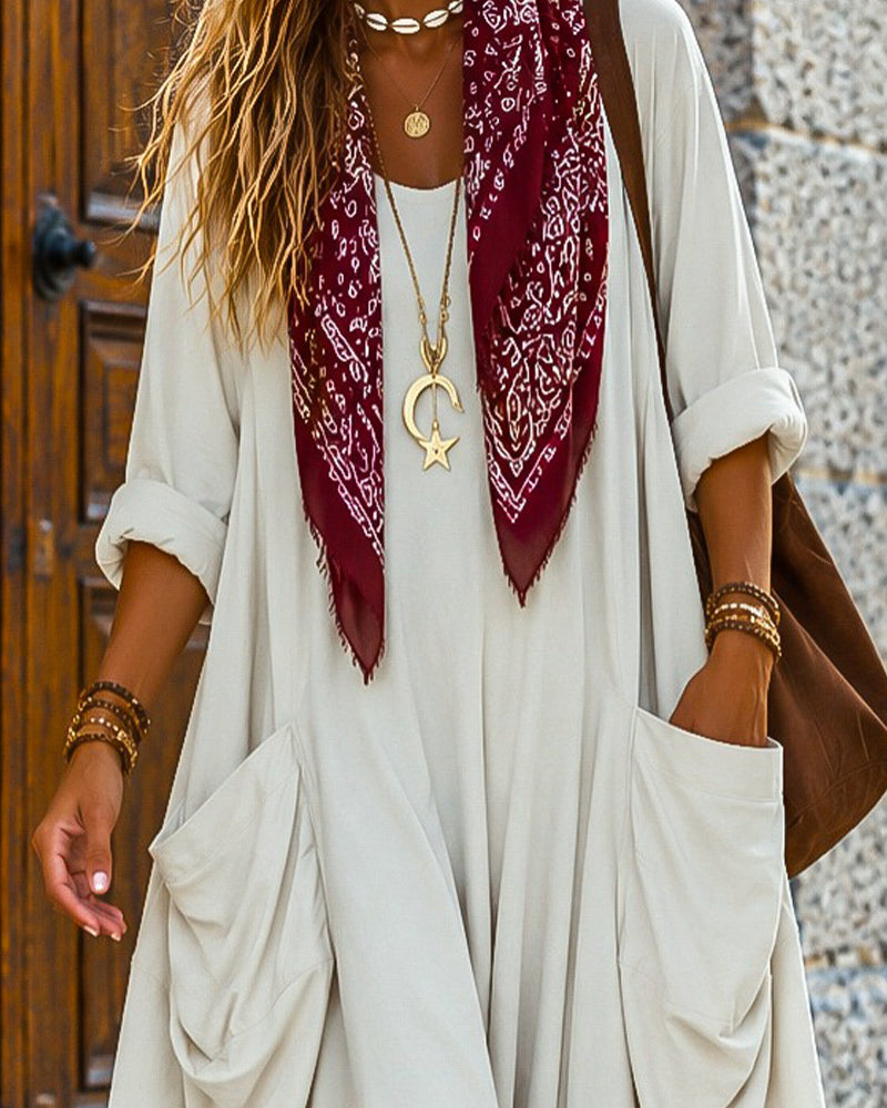 Loose Big Pocket Solid Color Long Dress