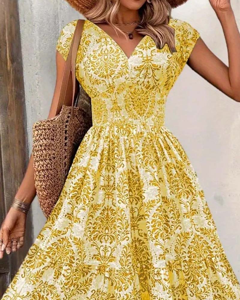 Retro Print V-Neck Cinched Waist Long Dress