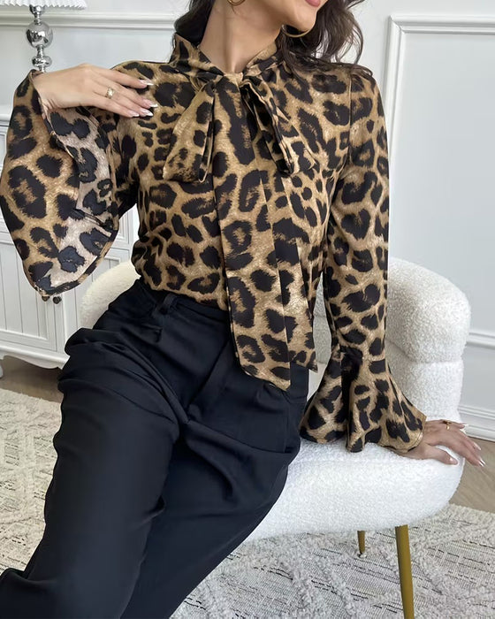 Leopard Print Ribbon Neck Blouse