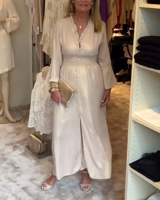 Lace collar buttoned waist long dress