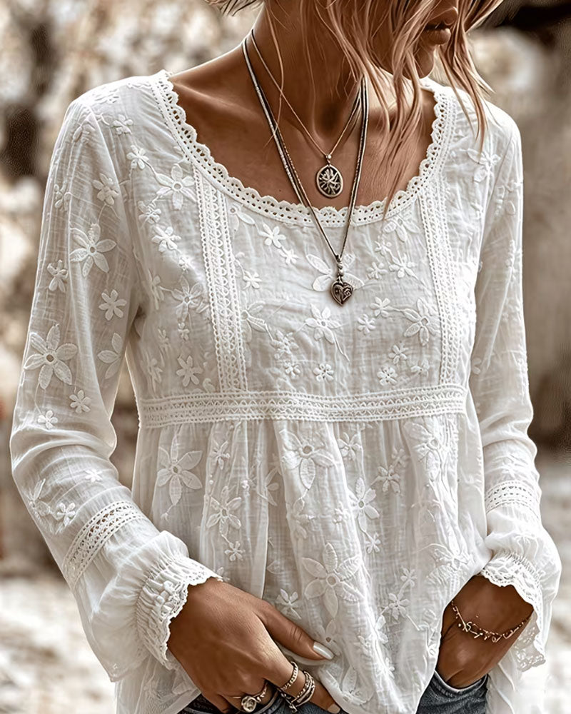 Round Neck Ruffled Lace Blouse