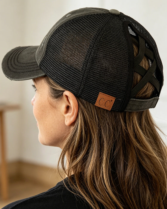 Adjustable Criss-Cross Back Distressed Denim Baseball Cap