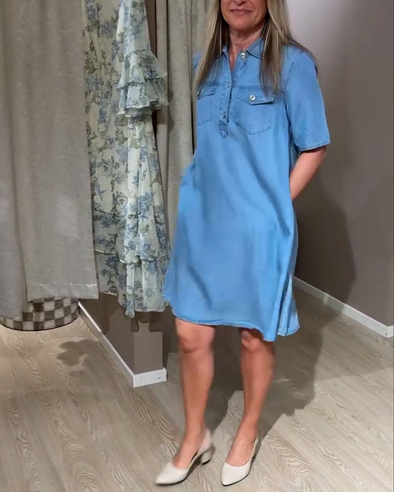 Denim Camp Collar Button-Front Shirt Dress