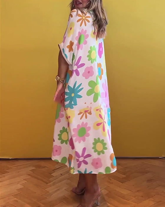 Loose V-neck floral print dress