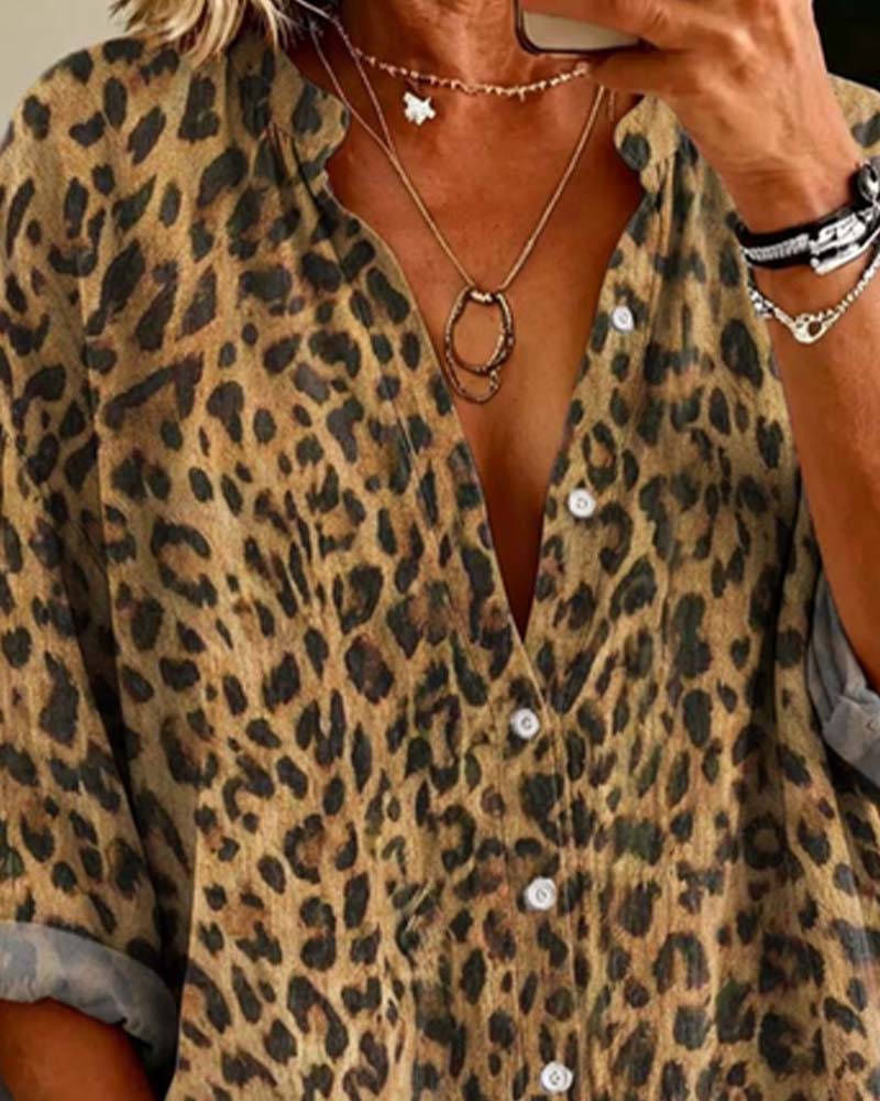 V-Neck Button Leopard Long Sleeve Shirt