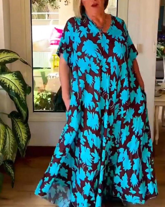 Floral print V-neck pocket loose dress